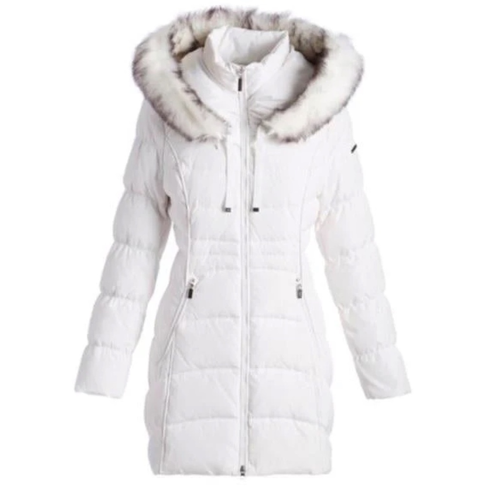 Laundry By Shelli Segal Women's White Puffer Jacket with Fur Trim